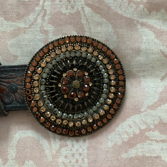 Women’s Brown Embossed Leather Belt with Gorgeous Stone Buckle Small by Cache - Picture 1 of 7